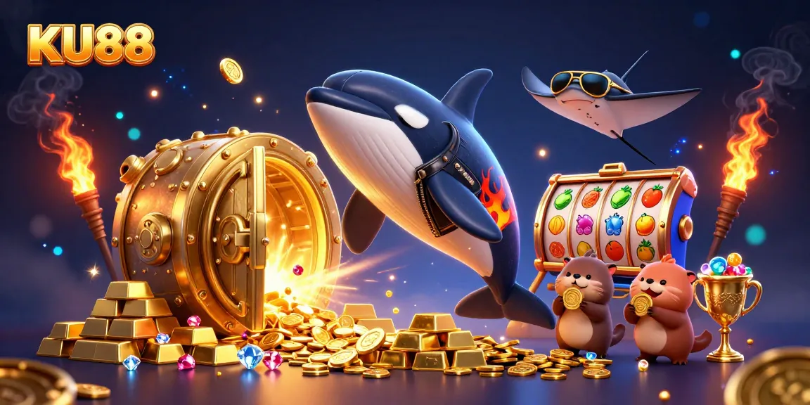 KU88 players engage with vibrant slot reels, gold coins, and dynamic 3D cartoon characters.