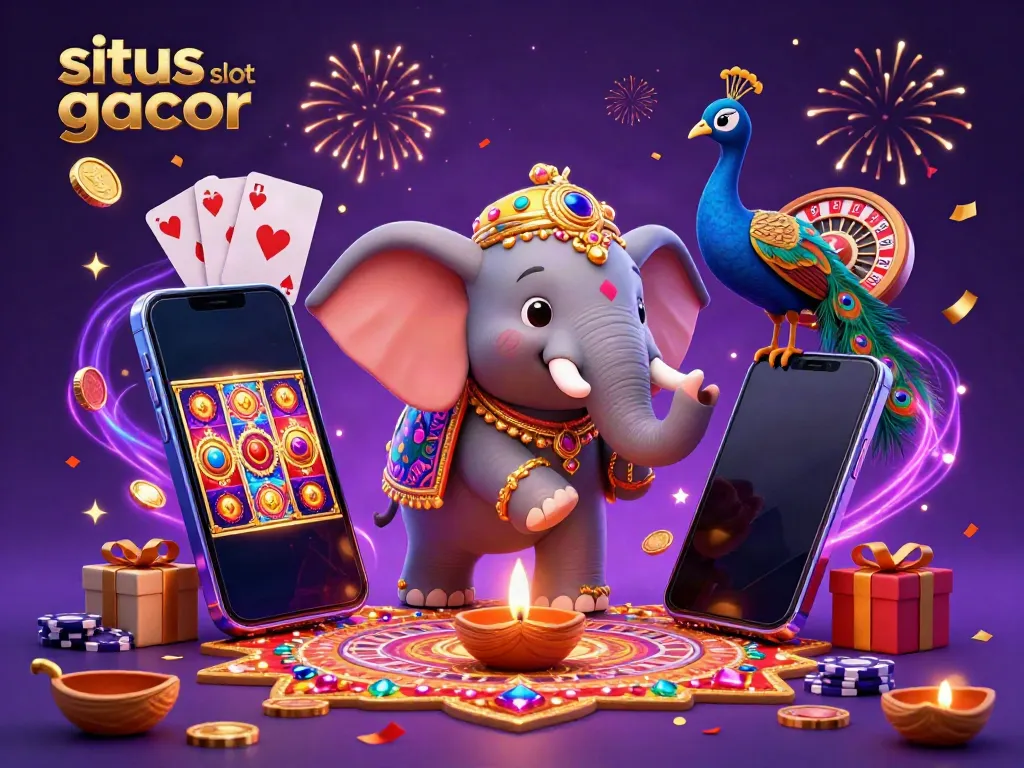 Situs slot gacor themed illustration featuring a Diwali elephant with gaming elements, celebrating excitement and winning.