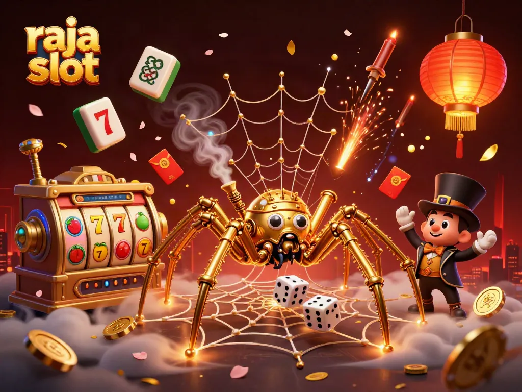 Raja slot menampilkan laba-laba steampunk dalam jaringan emas yang menangkap dadu sial.