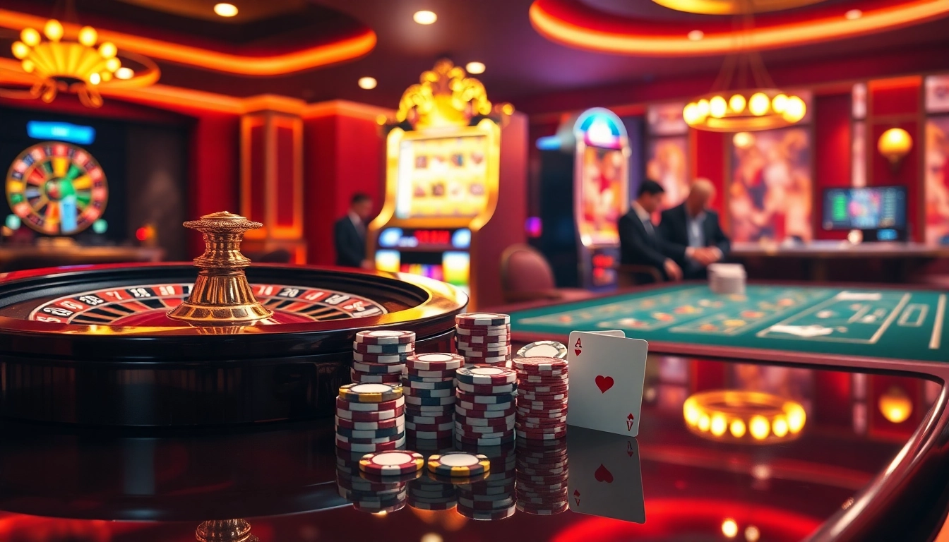Experience thrilling gambling with MM88's dynamic casino scene featuring roulette and poker.