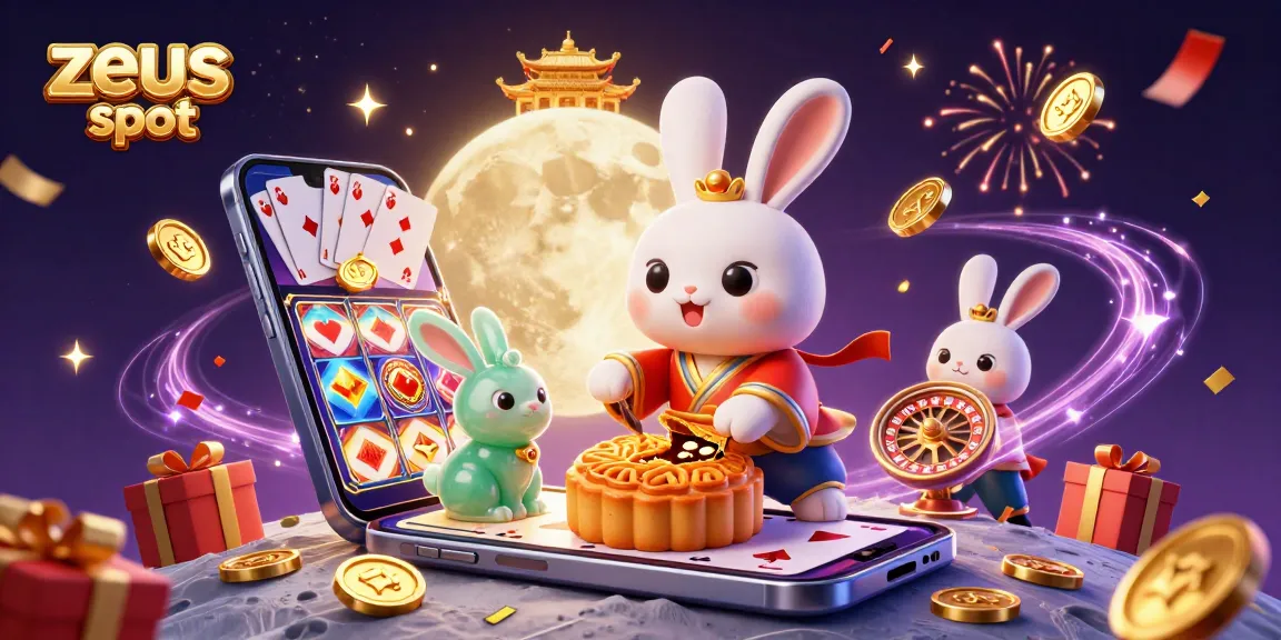 Play zeus slot with a vibrant illustration of a moon rabbit and casino elements celebrating wins.