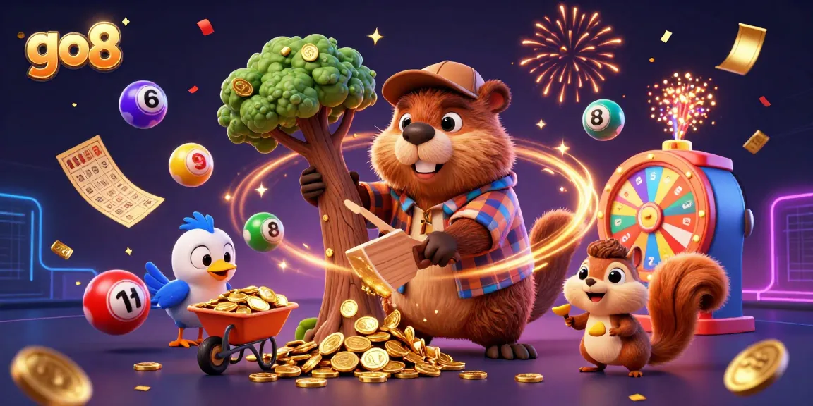 Experience the go8 excitement with a lumberjack beaver surrounded by dazzling casino elements.