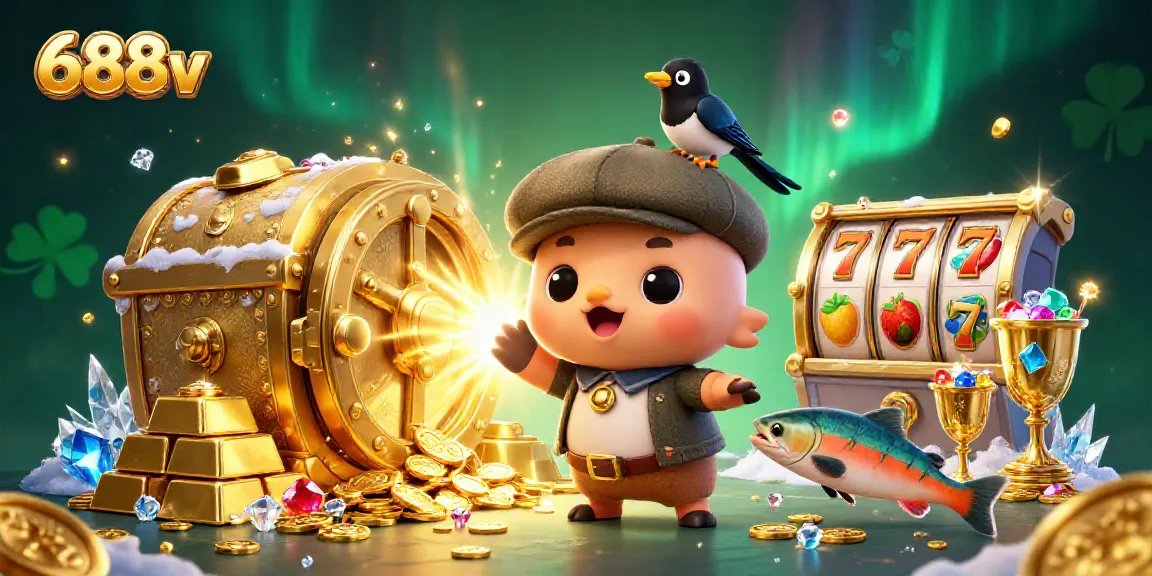 Experience thrilling 688v gameplay with vibrant slot reels and dazzling treasures in a whimsical casino scene.