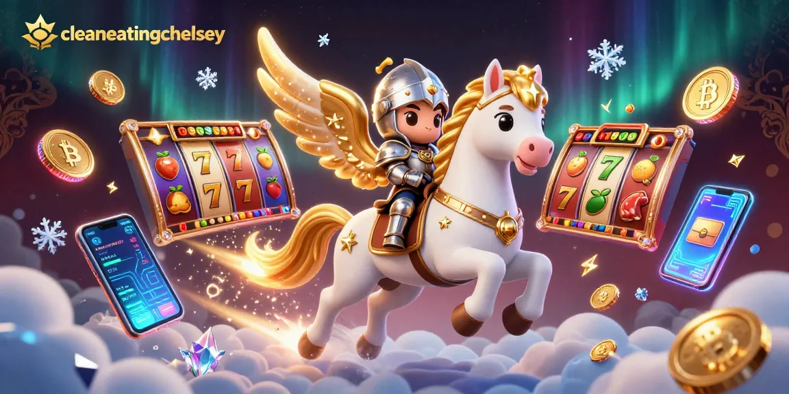 cleaneatingchelsey engages in thrilling slots with a celestial horse and knight, filled with vibrant game elements.