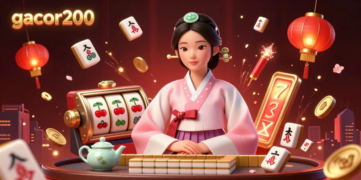 Experience the excitement of gacor200 with elegant casino elements, including slot reels and mahjong tiles.