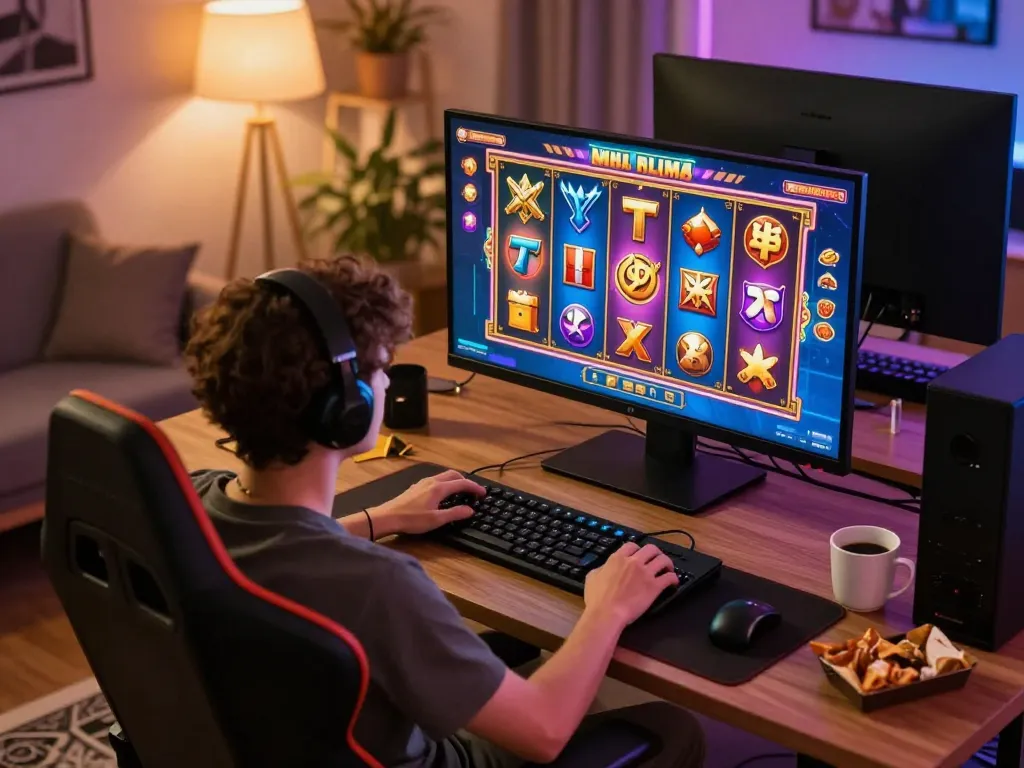 Engaging in a mega slot game on a computer screen with vibrant graphics and cozy gaming setup.