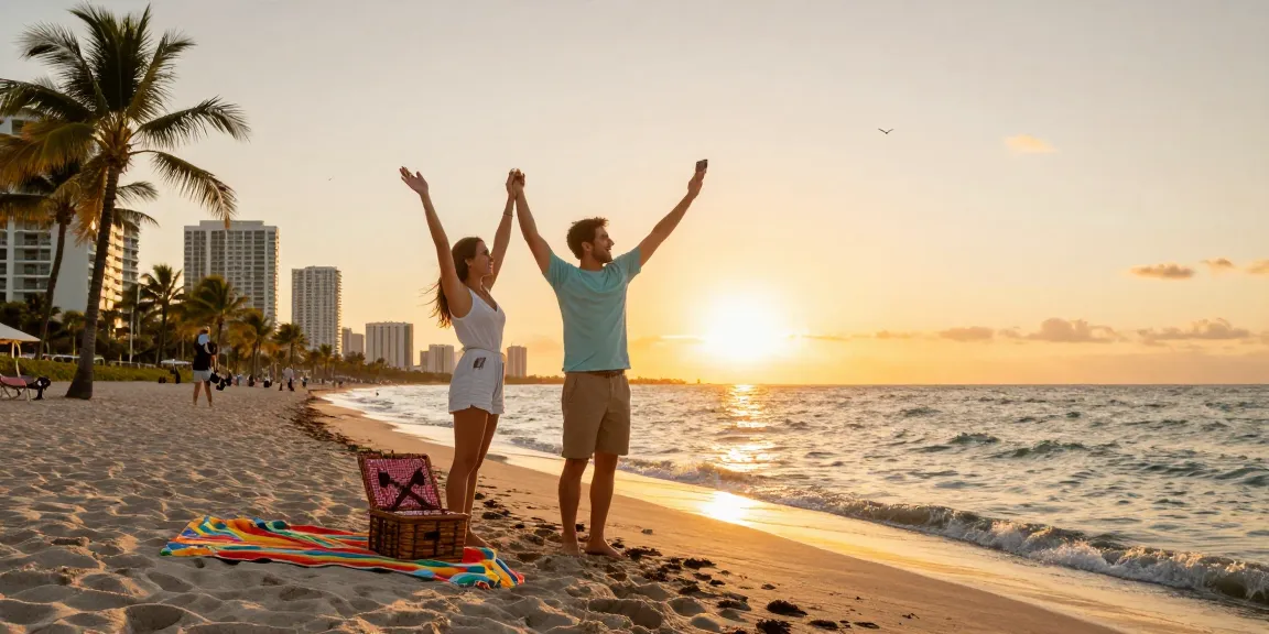 Pasangan di https://miami4d.com/ menikmati matahari terbenam di pantai Miami.