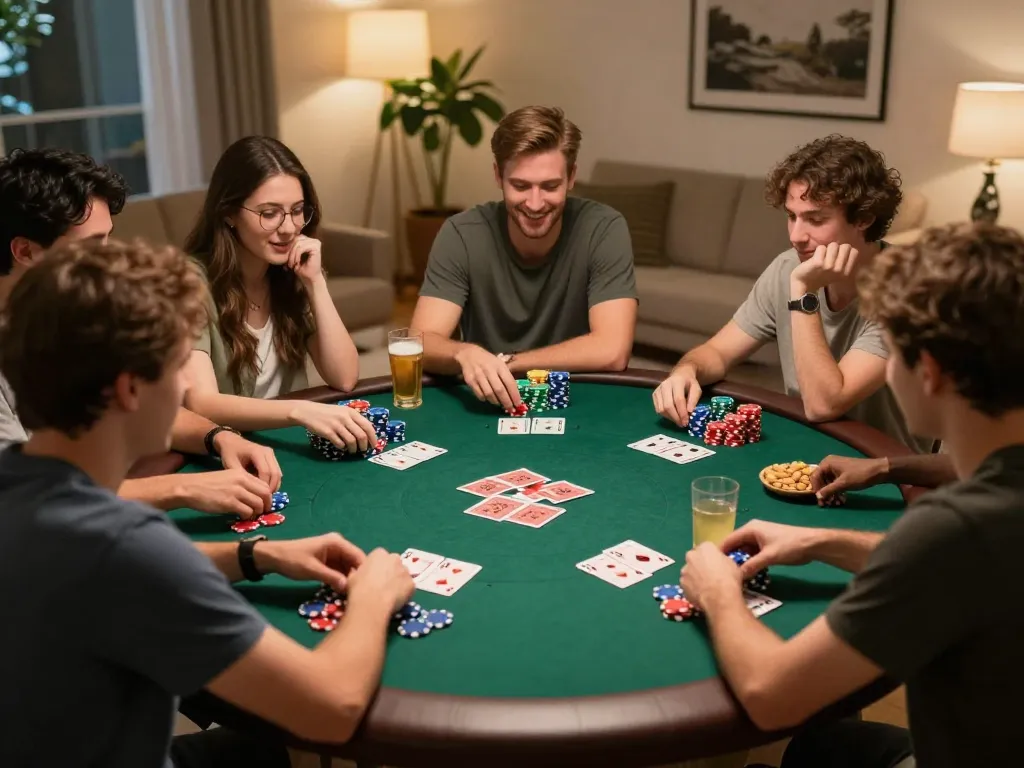 Friends enjoying a lively poker game at home, showcasing Sunwin strategy in a cozy atmosphere