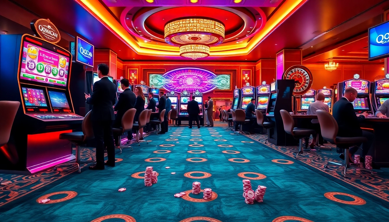 Experience the thrill of QQMacan's slot machines in a luxurious casino setting, showcasing vibrant gameplay.