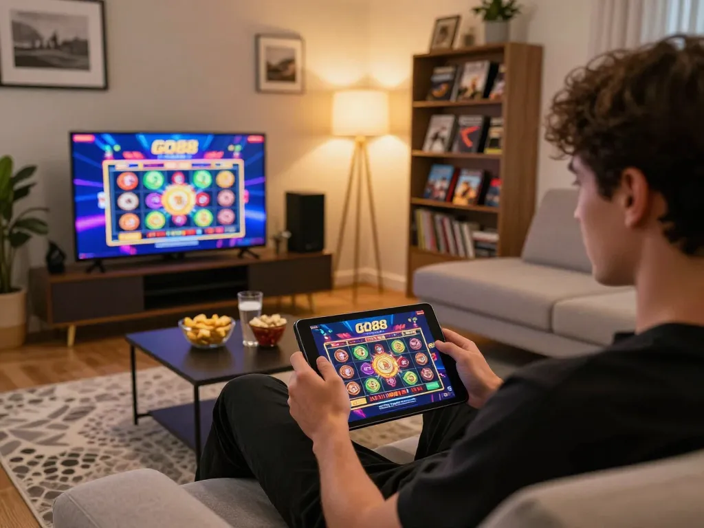 Player engaging with GO88 casino app on tablet in a cozy home setup, showcasing online gaming.