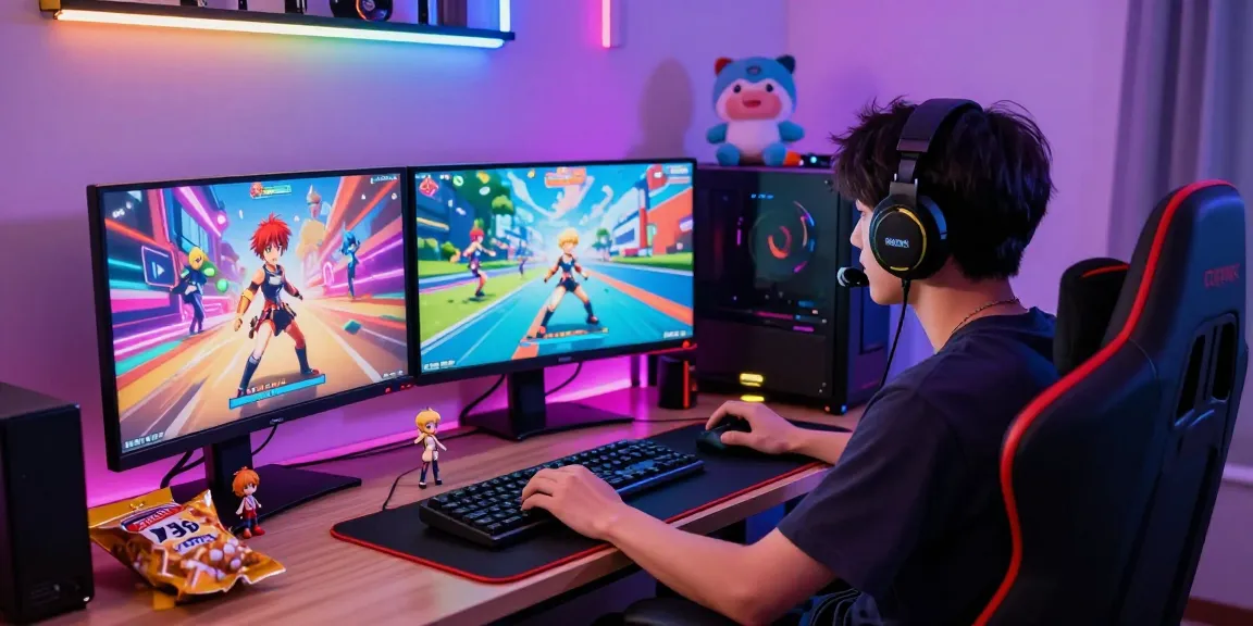 Enthusiastic gamer playing engaging hentai game on multiple monitors with vibrant LED lighting.