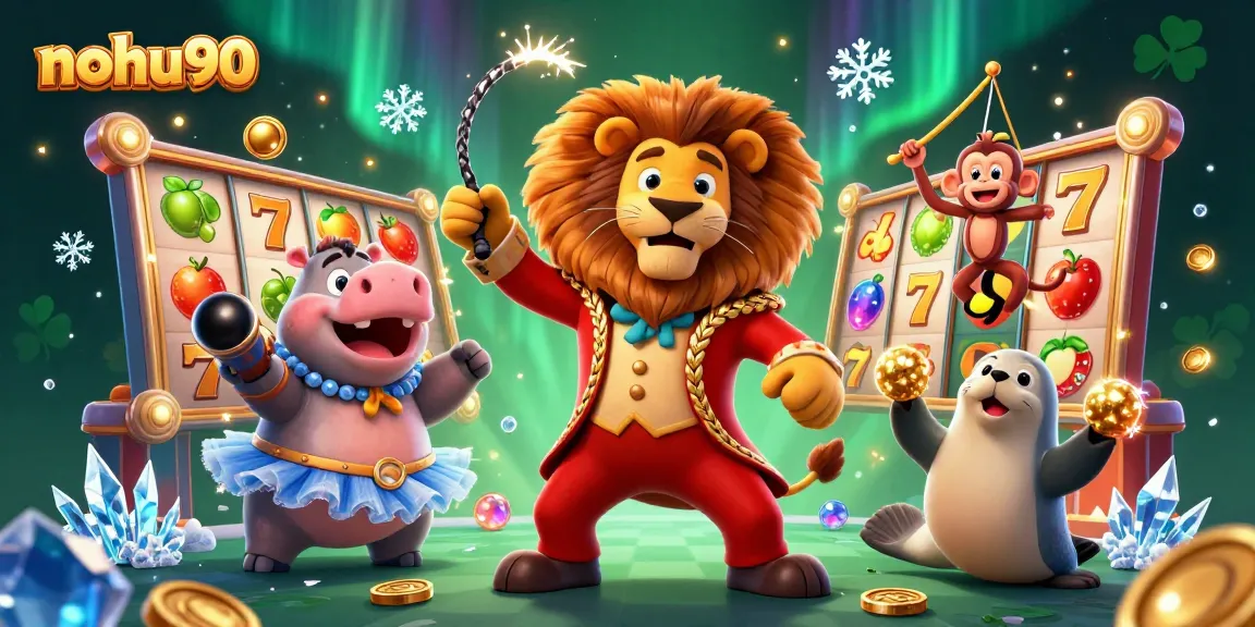 Nohu90 brings luck with 3D cartoon characters and slot machine action in a vibrant casino scene.
