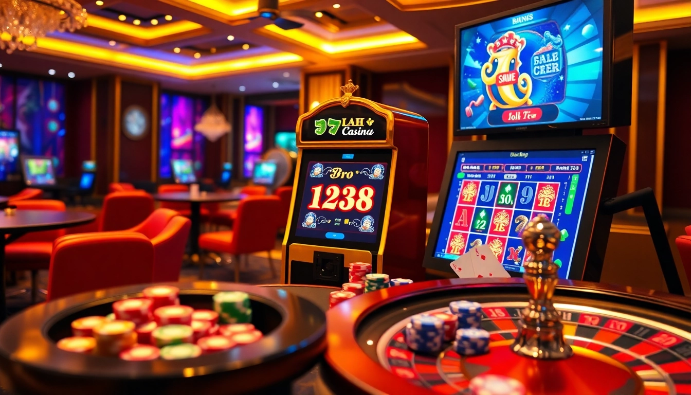 Experience the excitement of bro138 at a luxurious online casino with vibrant gaming elements.