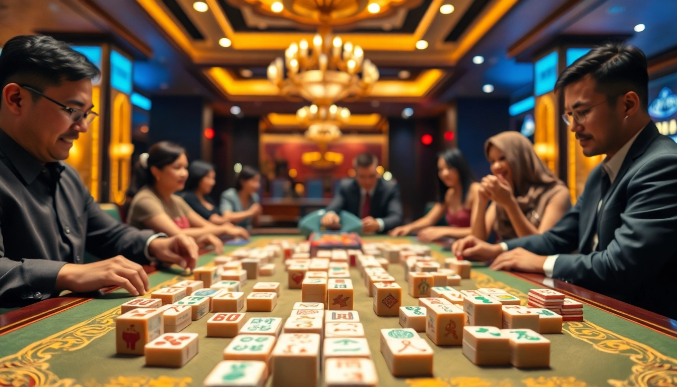 Mahongtoto menampilkan suasana kasino yang hidup dengan permainan mahjong dan pemain yang bersemangat.