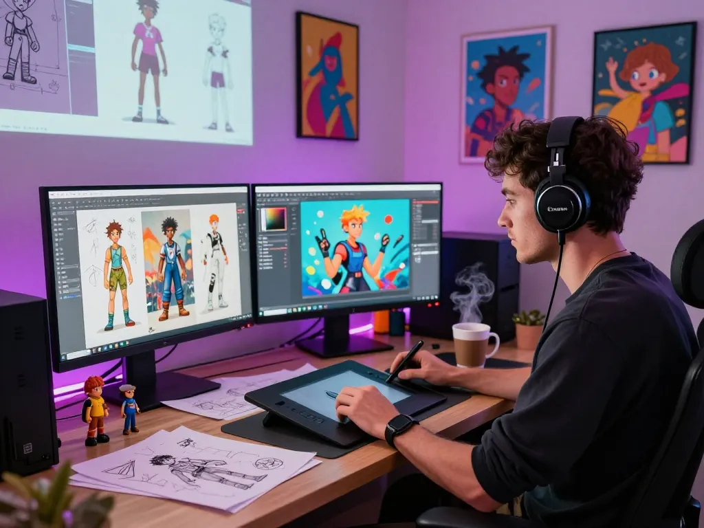 Creative professional developing nsfw ai characters in a vibrant digital art studio.
