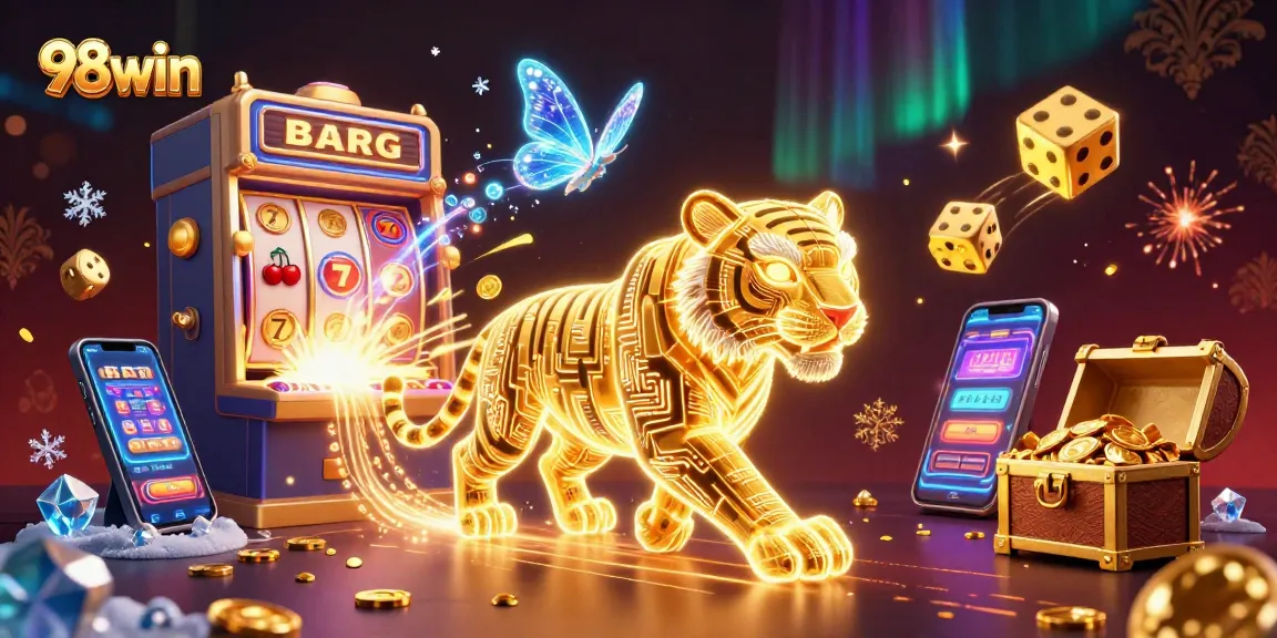 Experience the thrilling energy of 98win with a vibrant casino scene featuring a golden tiger and exciting game elements.