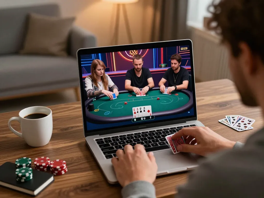 Rik vip players strategizing in an online poker tournament at home, showcasing immersive gameplay.