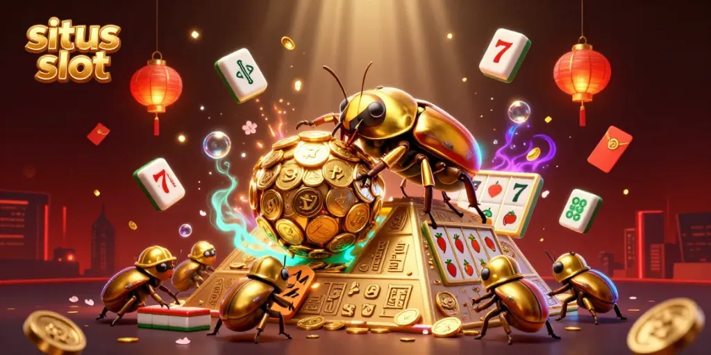 Permainan slot di situs slot dengan karakter jangkrik emas menggulung koin emas di atas piramida.