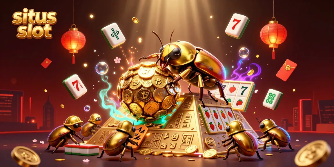 Permainan slot di situs slot dengan karakter jangkrik emas menggulung koin emas di atas piramida.