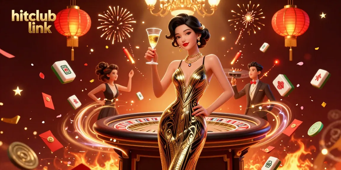 Experience the hitclub link in a vibrant casino scene featuring elegant characters and dynamic gold effects.