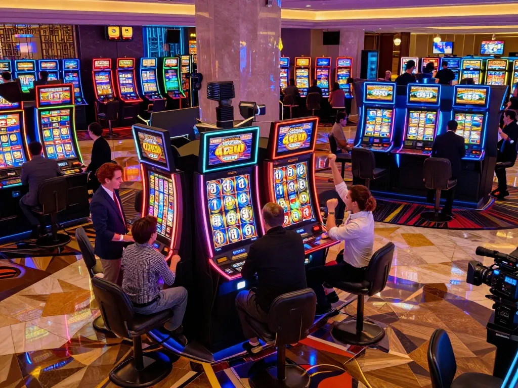 Players enjoying the thrilling slot machines at 32win casino, celebrating wins with excitement.