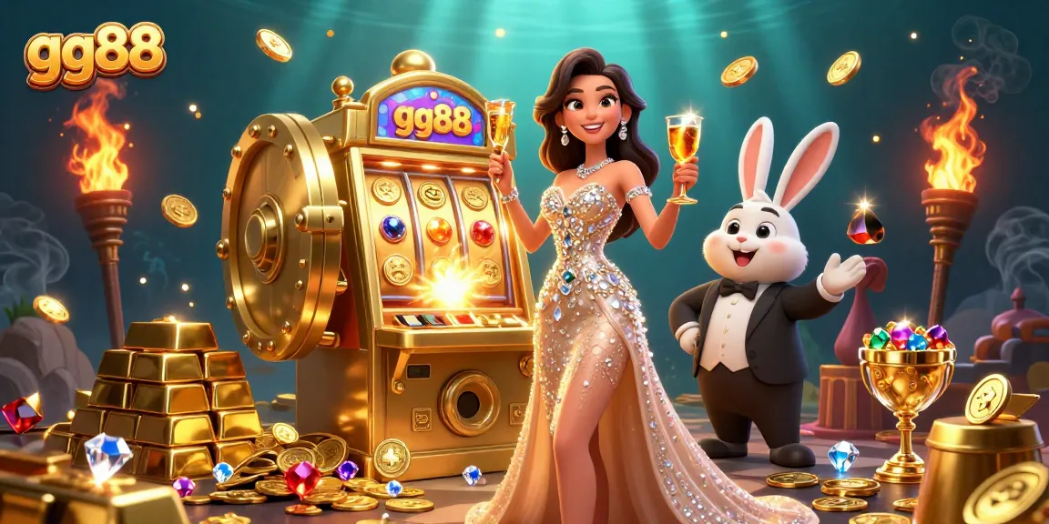 Experience the excitement at gg88 with vibrant slot machines and festive characters in a dynamic casino scene.