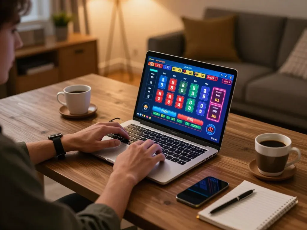Engaging in the online casino experience at trang chủ go8, showcasing vibrant game graphics on a laptop.
