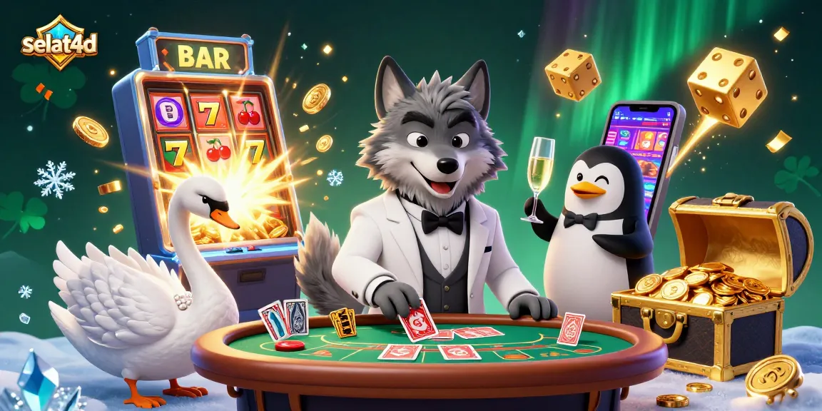 Play exciting selat4d games with a sophisticated wolf, swan, and penguin casino scene.