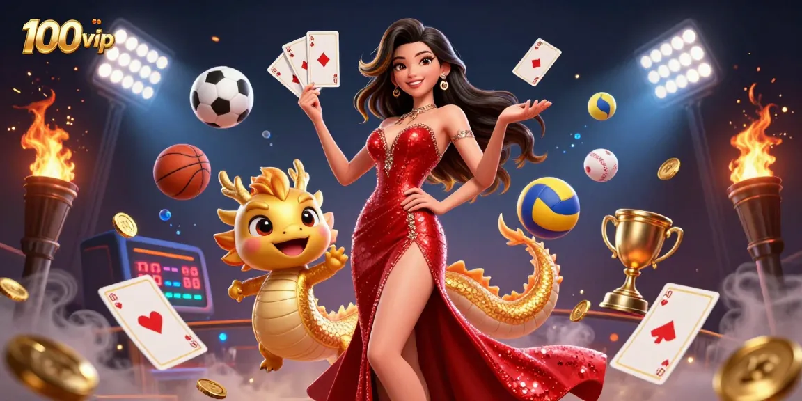 Experience the excitement of 100vip casino with thrilling gaming and vibrant characters in this dynamic illustration.