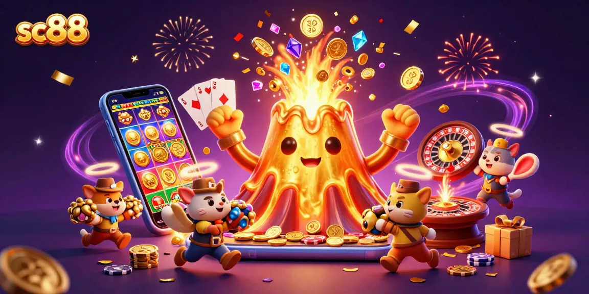 Spin to win with sc88 in a vibrant, casino-themed 3D illustration featuring treasures and gaming treats.