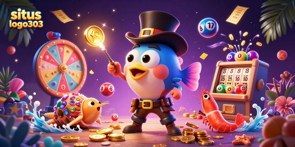 Memenangkan jackpot di situs logo303, ilustrasi ceria lengkap dengan karakter laut unik dan permainan kasino interaktif.