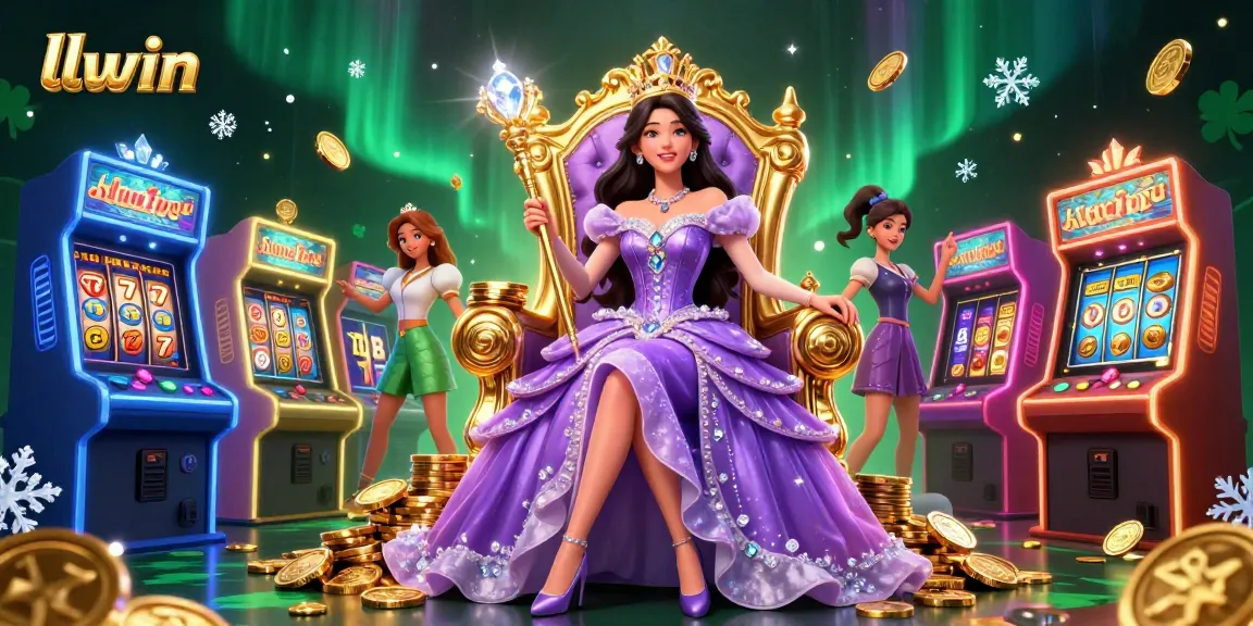 llwin showcases a stunning casino scene with a royal character and vibrant slot machines.