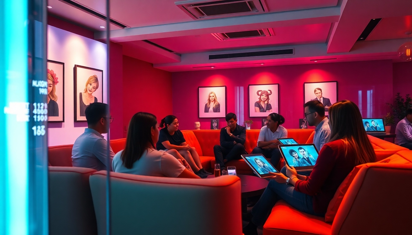 NSFW chat lounge with modern decor and diverse people enjoying digital interactions.