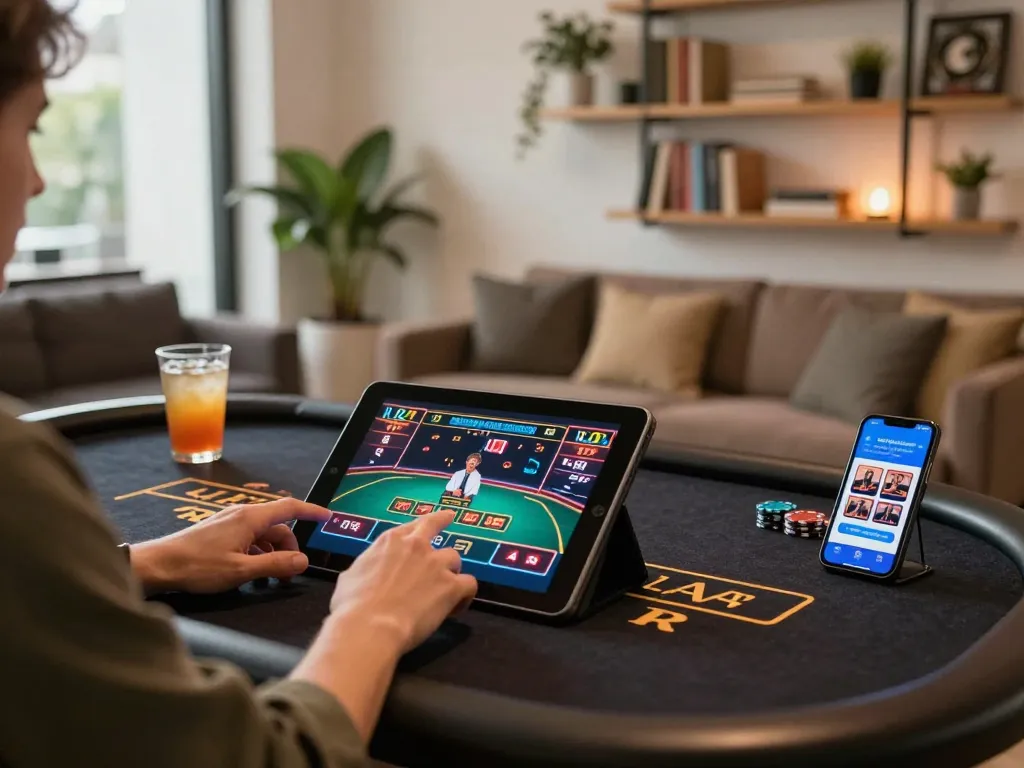 Engaging in sun win gaming on a tablet in a modern, inviting home setup with casino ambiance.