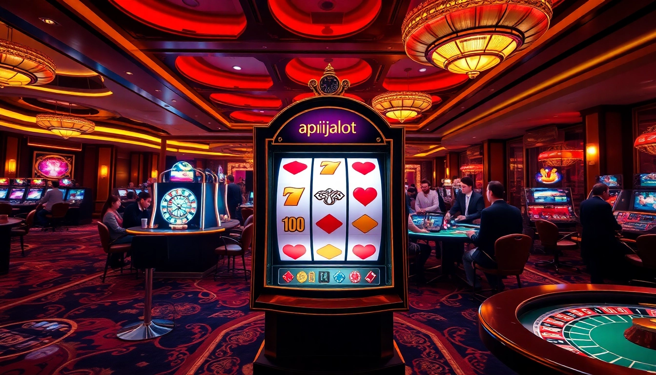 Active players enjoying the vibrant atmosphere at the slot apiraja88 casino, surrounded by poker chips and dice.