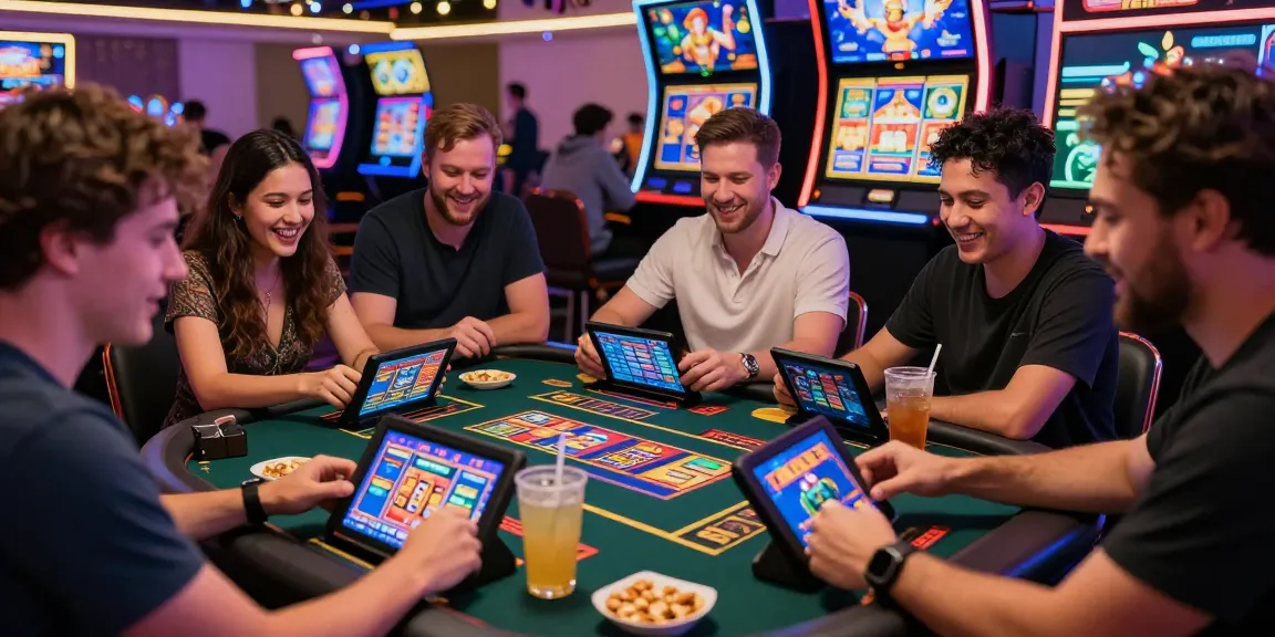 Engaged players enjoying interactive bonus buy slots at an online casino table.