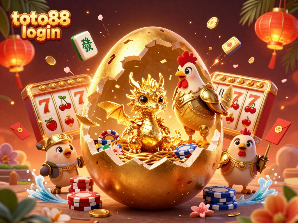Play with the exciting toto88 login at a vibrant casino scene featuring golden dragon and slot reels.