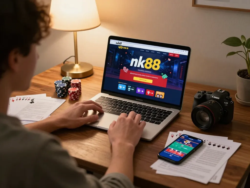 Engaged player accessing nk88 online casino platform from home for responsible gaming.