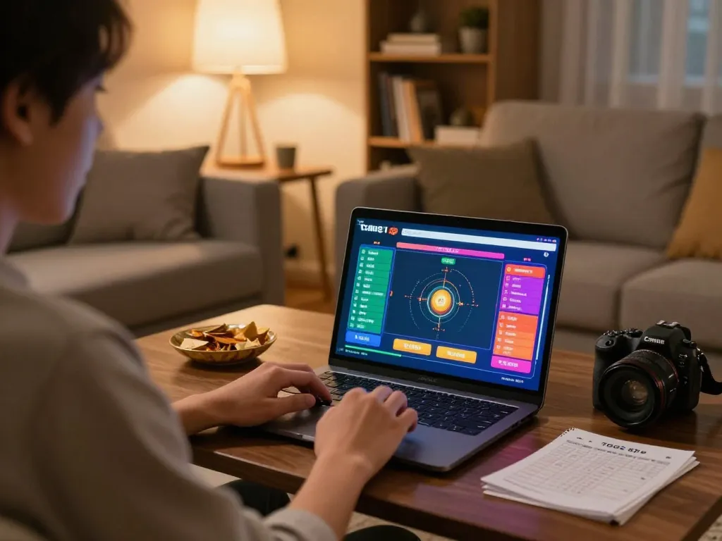 Engaging in togel sgp online gaming with colorful interface in a cozy home setting