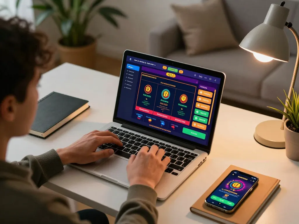 Player engaging with the gi8 online casino interface at home, surrounded by gaming notes and a smartphone.
