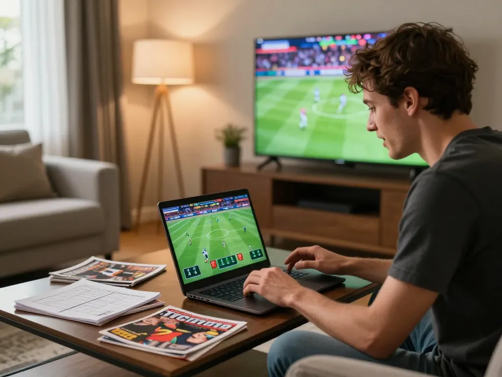 hm88 player engaged in live sports betting at home with laptop and notes
