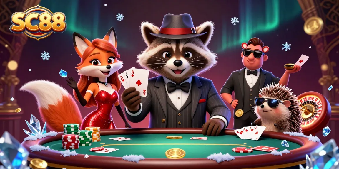 Engage with SC88 in this lively scene of a raccoon playing poker with a dazzling fox lady and hedgehog bouncer.