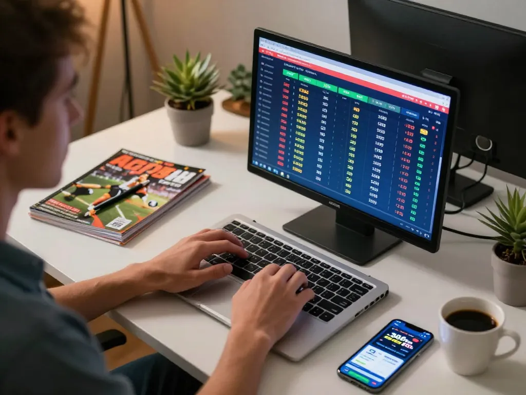 Engaging in sports betting on 388bet with focused intensity and organized workspace