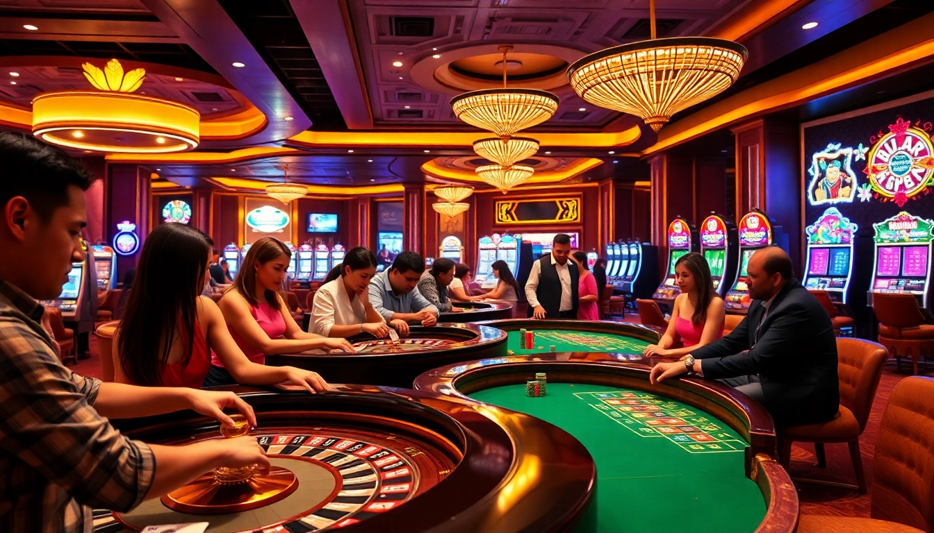 Dynamic sg online casino gaming experience with players at tables and colorful chip stacks.