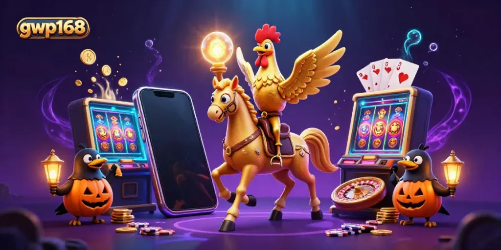 Permainan menarik di gwp168 dengan rooster emas dan elemen kasino yang kaya.