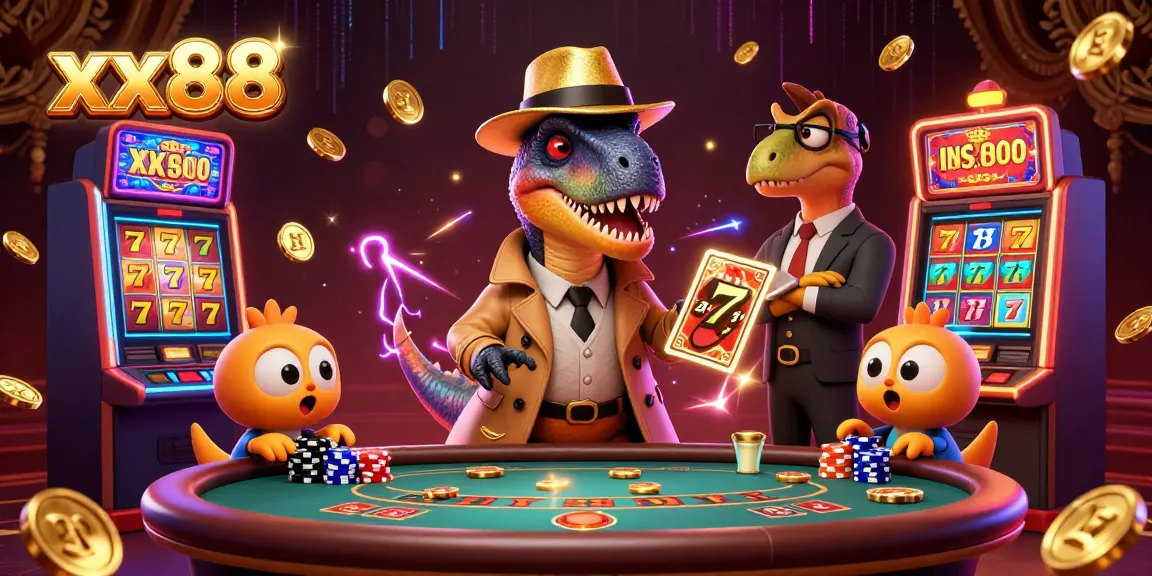 Experience thrilling slot action at xx88 with a cunning velociraptor card counter in a dynamic casino scene.