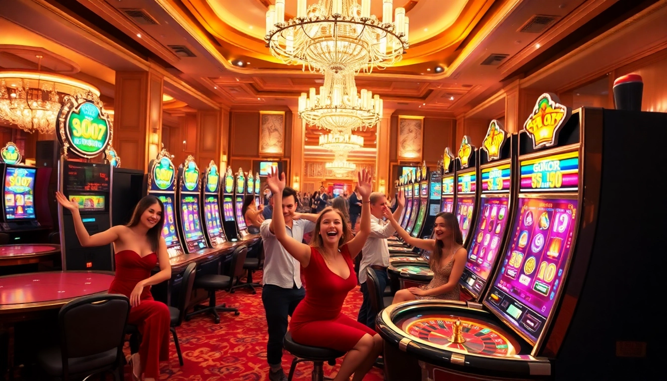 Excited players celebrating a jackpot win on slot gacor machines in a vibrant casino.