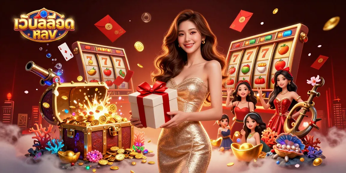Experience เว็บสล็อตตรง with stunning slot symbols and dynamic casino elements in a festive illustration.
