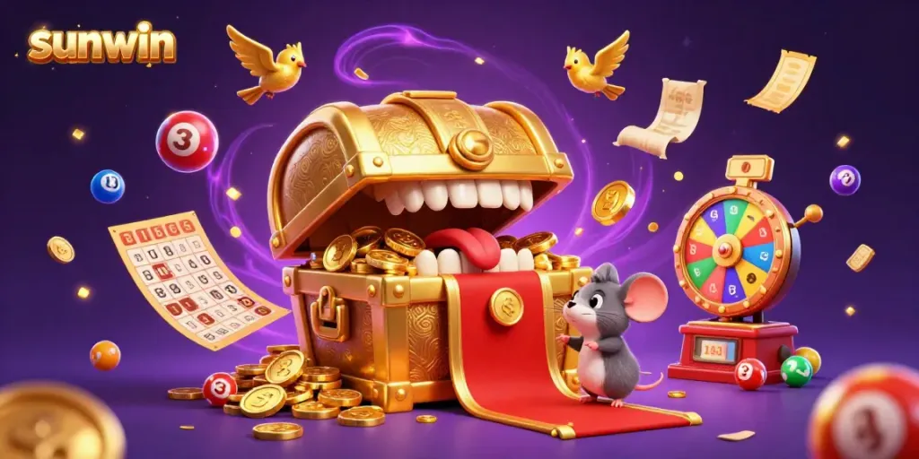 Experience the thrill of winning with Sunwin's vibrant 3D treasure chest filled with riches, surrounded by lottery excitement.