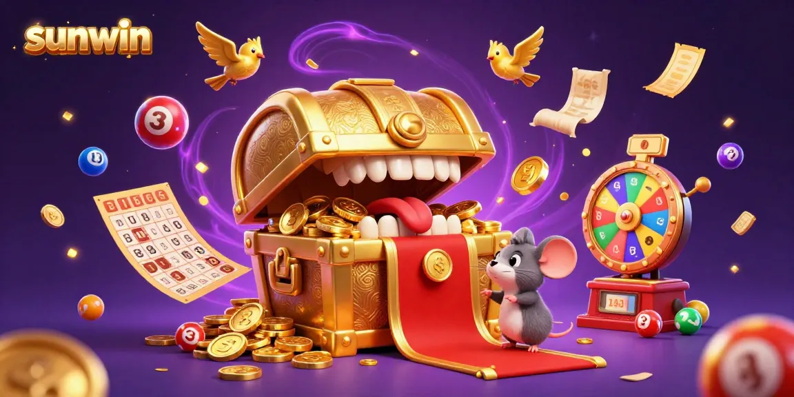 Experience the thrill of winning with Sunwin's vibrant 3D treasure chest filled with riches, surrounded by lottery excitement.